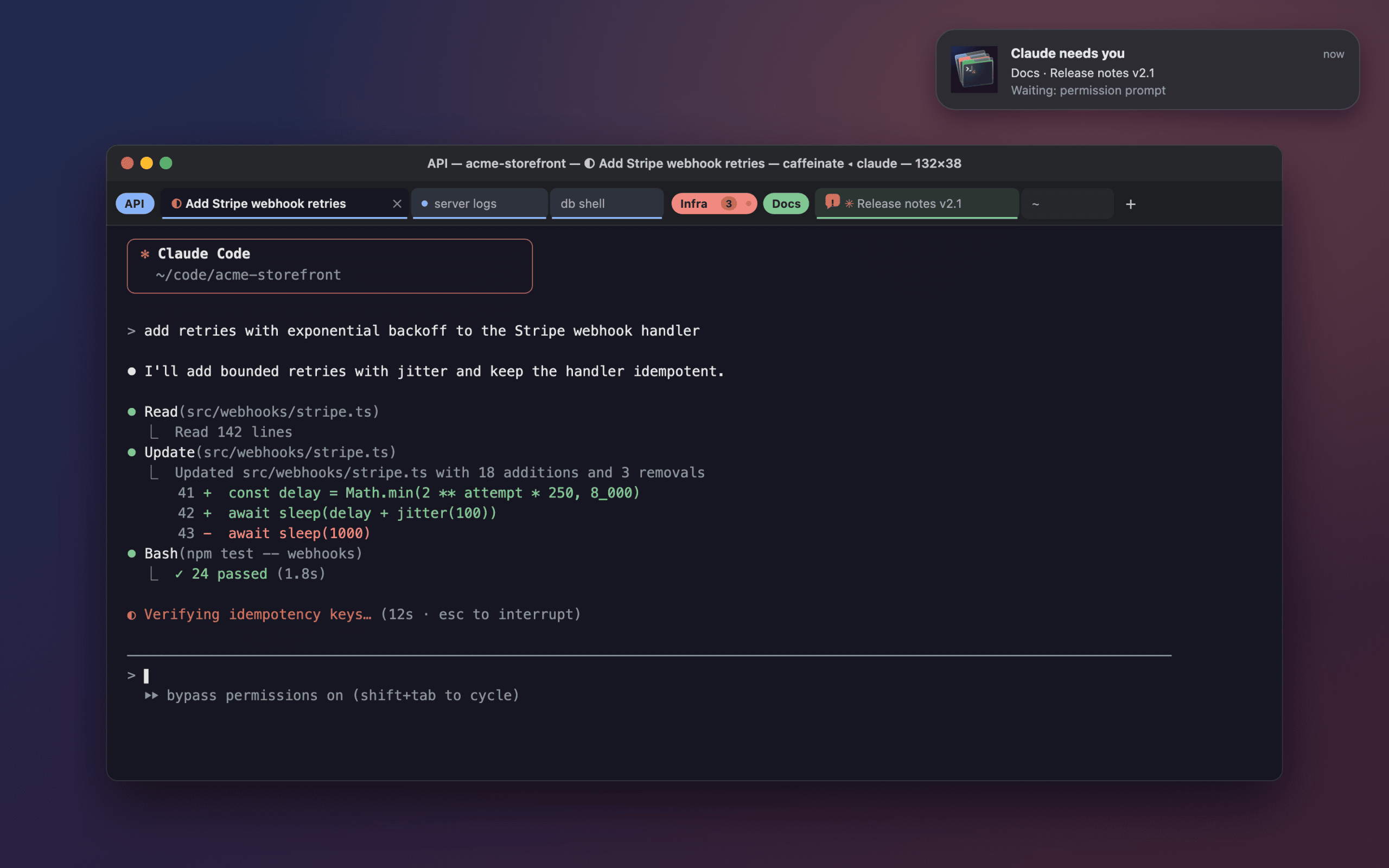 Smart Terminal com grupos de separadores, o estado do Claude Code nos separadores e na barra de título, e uma notificação "Claude needs you"
